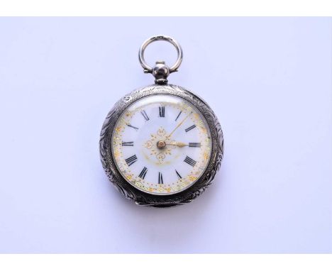 A lady's white metal open face pocket watch, the case engraved with scrollwork around a vacant cartouche, stamped 935 inside 