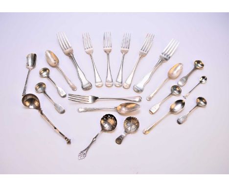 A collection of loose mixed flatware, comprising; a pair of Victorian table forks, London 1849, three dessert forks, Sheffiel