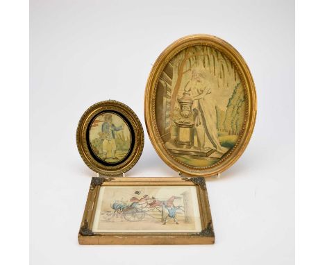 Two 18th/19th century embroidered panels, both of oval aspect, the first depicting a maiden standing beside an urn inscribed 