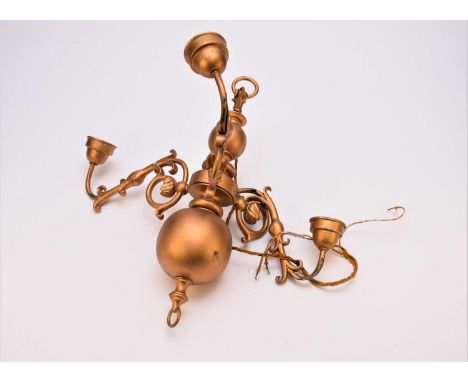 A gilt-painted metal three-branch ceiling light, 51cm, and a wrought iron &amp; glass hexagonal lantern ceiling light, 61cm. 
