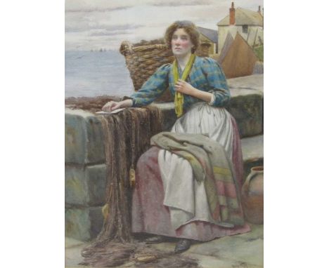 Ralph Todd (British, 1856-1932), ‘It may be for years, or it may be forever’, a woman sitting on the wall of a quay with her 