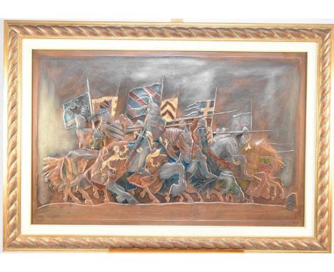 Takis Hadjizinonos (Cyprus, 20th century), an embossed and enamelled copper panel depicting a medieval battle scene, with war