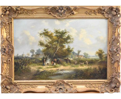 English School, 19th century, a gypsy encampment by a pond, farm buildings in the background, oil on canvas, re-lined, 40.5 x