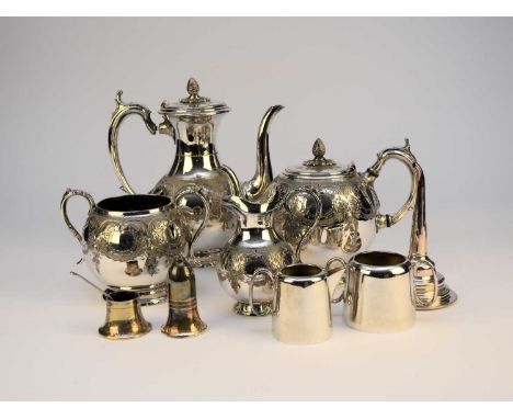 A four piece silver plated tea and coffee service, together with a silver plated wine funnel, a silver plated sugar bowl and 