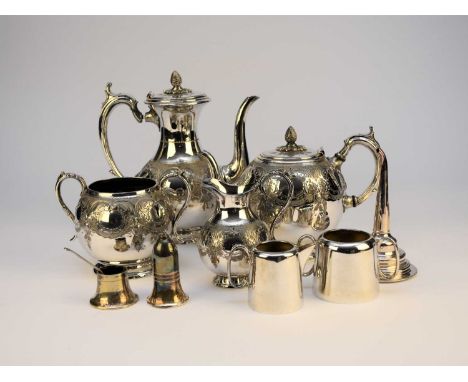 A four piece silver plated tea and coffee service, together with a silver plated wine funnel, a silver plated sugar bowl and 