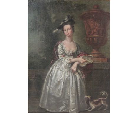 Follower of Joseph Highmore ( British 1692-1780) Portrait of a Lady, standing full length by an urn, a spaniel at her feet, o