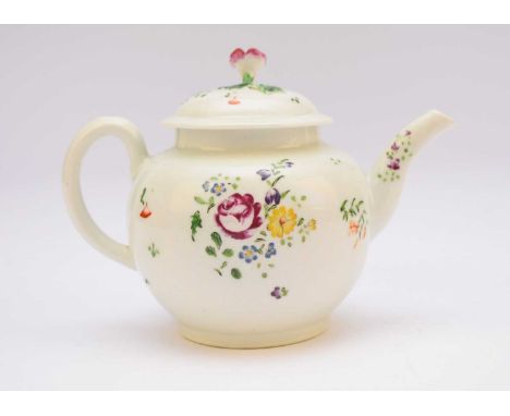 A small Worcester globular teapot and cover, circa 1770, painted in over-glaze enamels with purple, pink, blue and and yellow