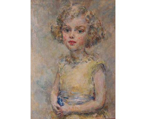 Arthur Ambrose McEvoy (1878 - 1927) Portrait of a young girl wearing a yellow dress, and blue waist band, signed. oil on canv