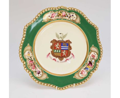 A Chamberlains Worcester porcelain armorial plate, circa 1825-30, decorated with the arms of the Attwood family and their mot