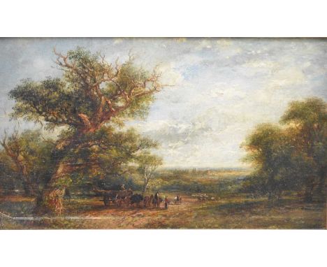 Frederick Henry Henshaw (British, 1807-1891), loggers on a country track, a castle in the background, signed lower left and i