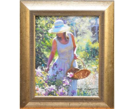 Tony Sheath (British, 1946-), a lady with a trug picking flowers, signed lower left, inscribed verso from artist 'Xmas 2003 t
