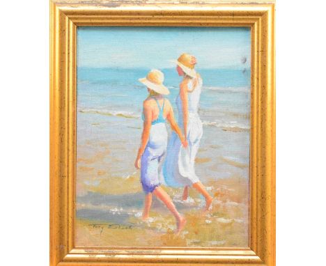 Tony Sheath (British, 1946-), a couple of young women walking along the seashore, signed lower left, inscribed verso 'Xmas 20