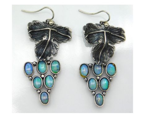 A pair of silver &amp; opal earrings set as grape &amp; vine leaf, maker mark BJT, 49mm drop, 10.1g