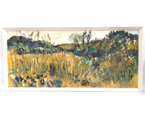 Fred Yates (1922-2008), a large oil on panel of meadow landscape scene, signed, image size 47.5in x 20.875in