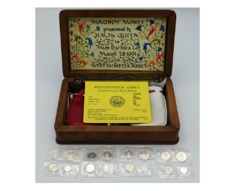 Four sets of proof finish silver Maundy Money presented to Miss. Barbara Lee in 1991 by Queen Elizabeth II at Westminster Abb