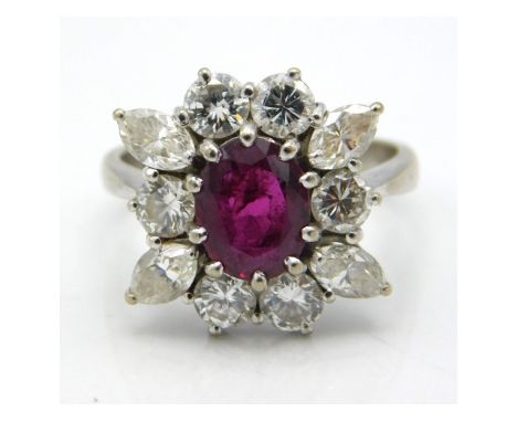 A white gold ruby &amp; diamond ring, ruby 7.5mm x 6.25mm, diamonds approx. 1.5ct, size M/N, 5.9g