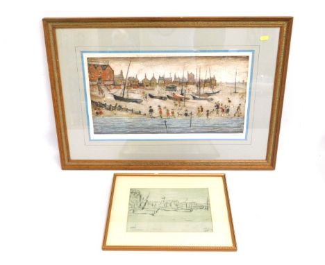 L. S. Lowry (1887-1976) pair of framed prints hand signed in pencil &amp; pen prints, of Deal beach published by Venture prin