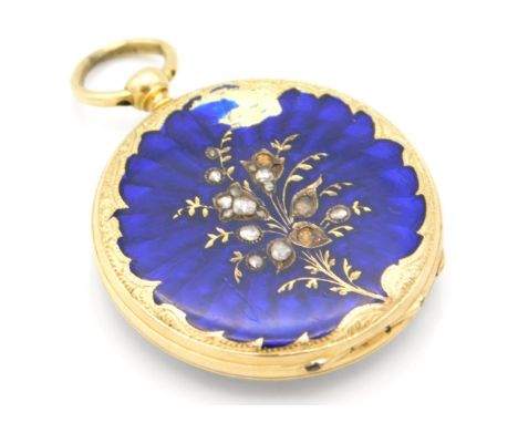 A yellow metal ladies Swiss 8 ruby movement pocket watch with diamonds &amp; enameling to rear, some loss to enamel &amp; sma