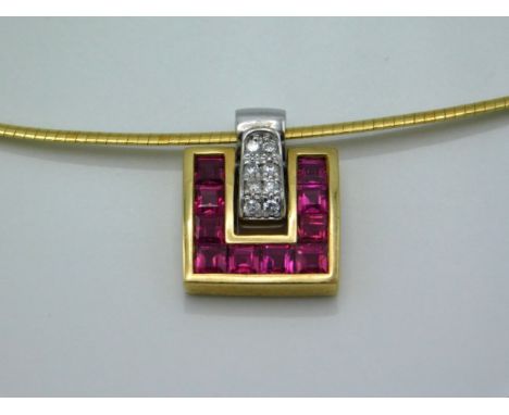 An Guy La Roche 18ct gold necklace with ruby &amp; diamond pendant, 16.5in long, 10.2g