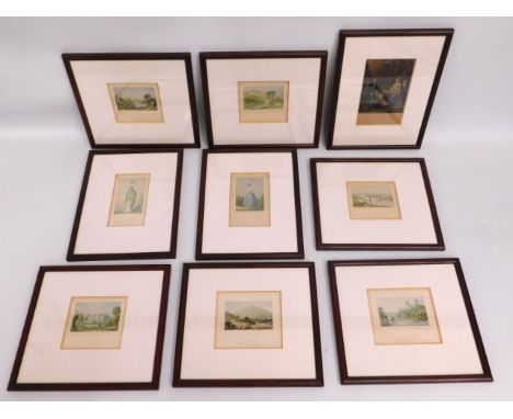 Eight framed 18th/19thC. prints mounted on embossed paper with place names twinned with one other, largest overall sized prin