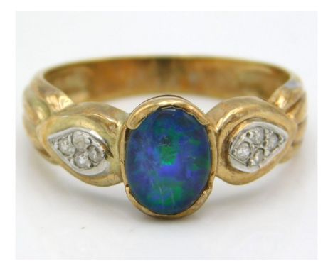 A 9ct gold ring set with small diamonds &amp; a black opal doublet, size O/P, 3.3g