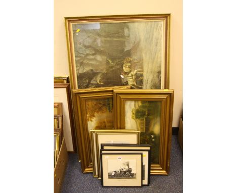 FOUR BLACK AND WHITE PHOTOGRAPHIC PRINTS OF STEAM TRAINS, including Sir Nigel Gresley, together with three oils on canvas of 