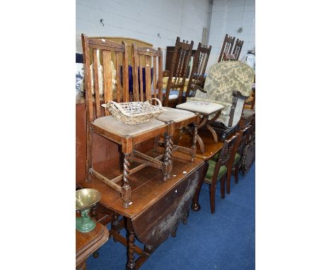 AN OAK BARLEY TWIST GATE LEG TABLE, four various chairs and a rocking chair (6)