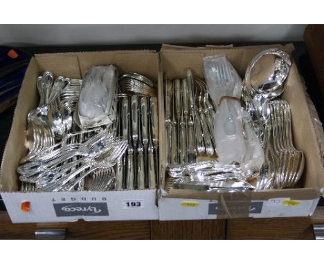 A LOOSE CANTEEN OF SILVER PLATED CUTLERY, including soup ladle, sauce ladles, butter knives, table knives, etc (two boxes)