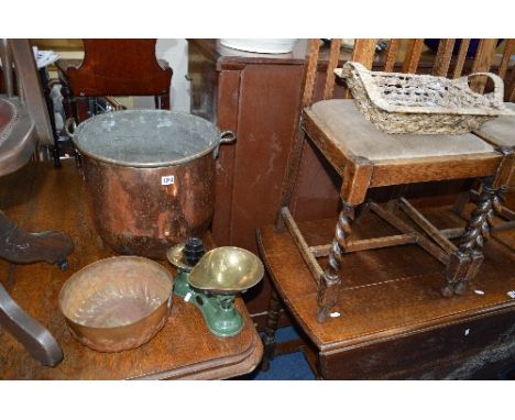 A COPPER CAULDRON, set of Salter scales and weights etc