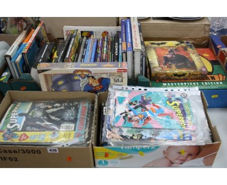 THREE BOXES OFCOMICS AND RELATED BOOKS, together with Superman and Batman jigsaws, etc