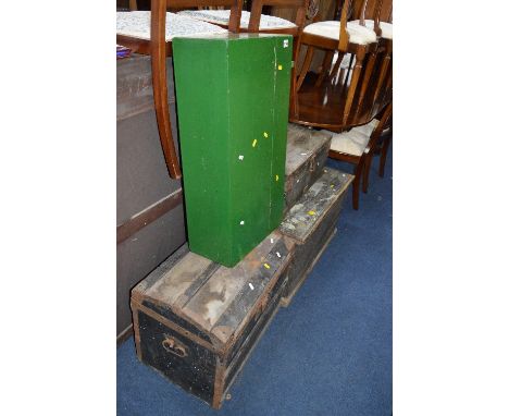 A DOMED TRUNK, carpenters tool box and two wooden tool boxes (4)