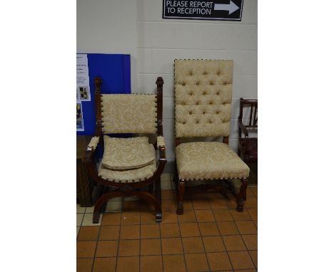 A MODERN MAHOGHANY CROSS FRAMED ARMCHAIR, covered in gold upholstery with carved lion finial and a similar hall chair with hi