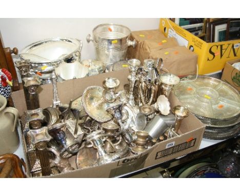 A BOX AND LOOSE PLATED ITEMS, to include ice bucket, hors d'oeuvre dishes, candlesticks, tureen and ladle etc
