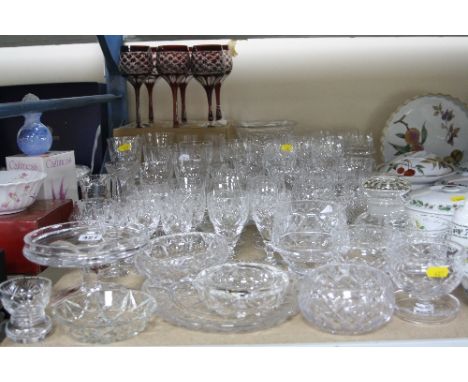 A QUANTITY OF GLASSWARE, mostly drinking glasses including a set of six ruby and clear, includes Tudor