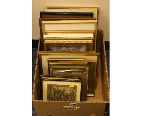 A BOX OF PICTURES AND PRINTS, including a pair of needlework pictures of 17th Century style scenes (one box)