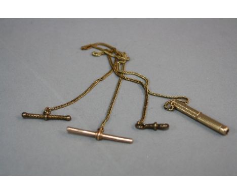 A MID 20TH CENTURY 9CT GOLD SINGLE ALBERT CHAIN AND TOOTH PICK, close plain curb link measuring approximately 300mm in length