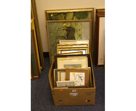 PAINTINGS AND PRINTS, a box of assorted paintings, prints and needlework pictures (box and three loose)