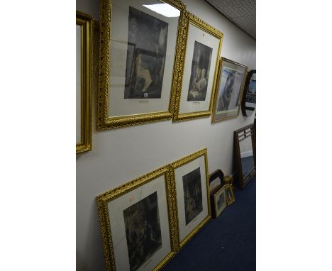 FOUR GILT FRAMED EARLY 20TH CENTURY COLOURED PRINTS OF SCENES OF COURTSHIP, various artists, frames matching, 54cm x 38cm, ti