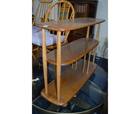 A LOW ERCOL ELM THREE TIER ROOM DIVIDER ON CASTERS 