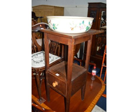 AN OAK WASHSTAND, with ceramic bowl and a warming pan (2)