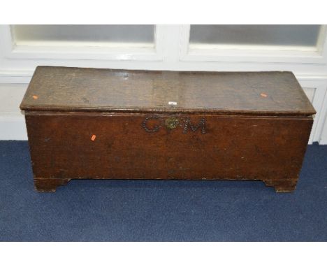 AN 18TH CENTURY OAK BLANKET CHEST, with inner candle box and drawer, bearing initials G M to front, approximate size width 11