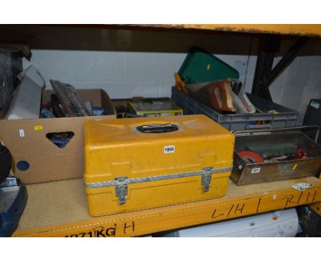 FOUR BOXES OF TOOLS AND A TOOL BOX, including a Bosch sander, Black and Decker cordless screw driver, various hand tools, etc