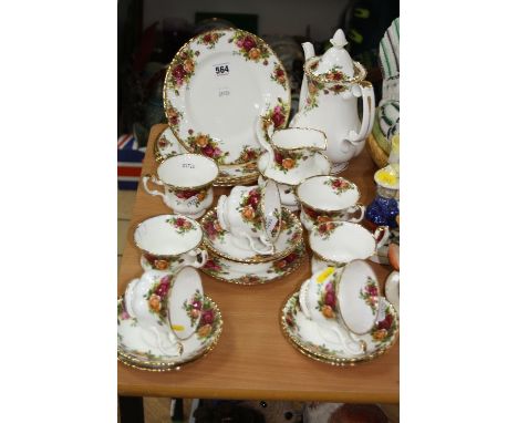 ROYAL ALBERT 'OLD COUNTRY ROSES' PART TEA/COFFEE WARES, to include coffee pot, four 21cm plates, milk jug (seconds), sugar ba