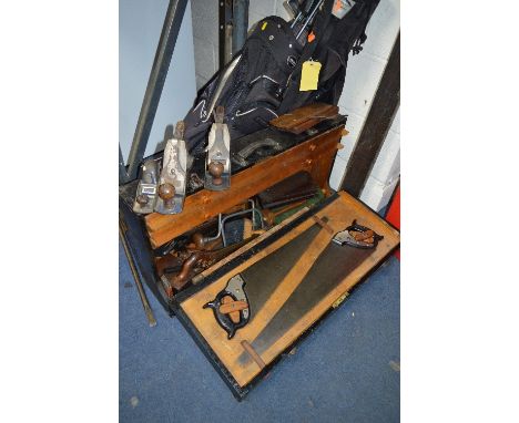 A VINTAGE WOODEN CARPENTERS TOOL BOX, containing three Record Smoothing planes, saws, bit and brace etc