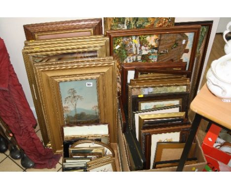 TWO BOXES AND LOOSE PICTURES, TAPESTRIES, MIRROR, to include four coloured hunting scene prints, a pair of gilt framed waterc