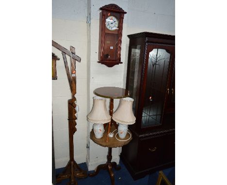 A MODERN WALL CLOCK, a mahogany tripod table, wine table and two table lamps (5)