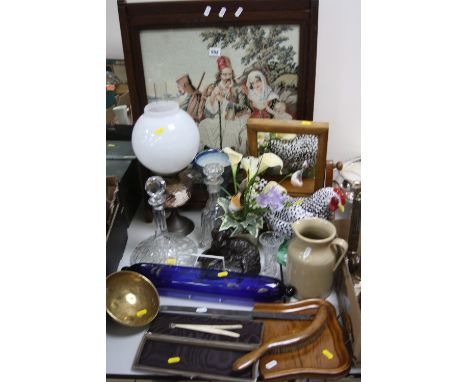 VARIOUS CERAMICS, GLASS, SUNDRY ITEMS etc, to include tapestry firescreen, small oil lamp, brass ladle, crumb scoop and brush