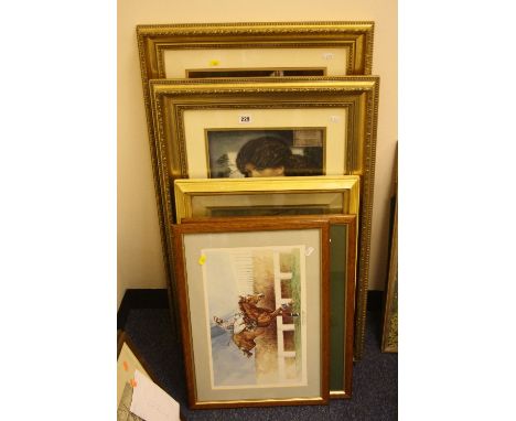 A GILT FRAMED PRE-RAPHAELITE COLOUR PRINT OF PROSPERINE, after Rosselli, together with another print of a lady and three hors