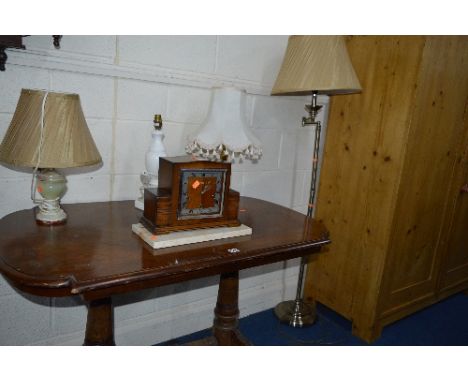 AN ART DECO SMITH ENFIELD MAHOGHANY MANTLE CLOCK, on separate marble base, chrome standard lamp with shade and three table la