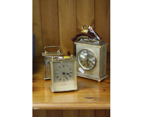 FOUR QUARTZ MANTEL AND CARRIAGE STYLE CLOCKS